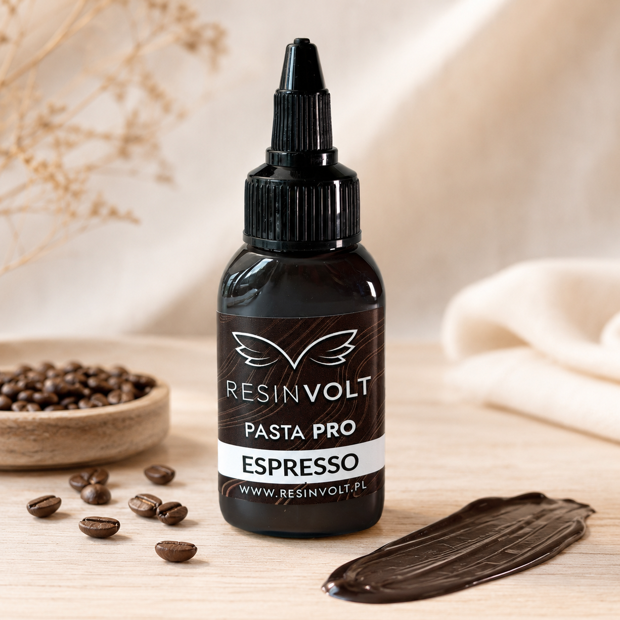 Brązowa pasta pigmentowa do żywicy epoksydowej Resinvolt - Pasta PRO Espresso z ziarnami kawy, butelka 30ml